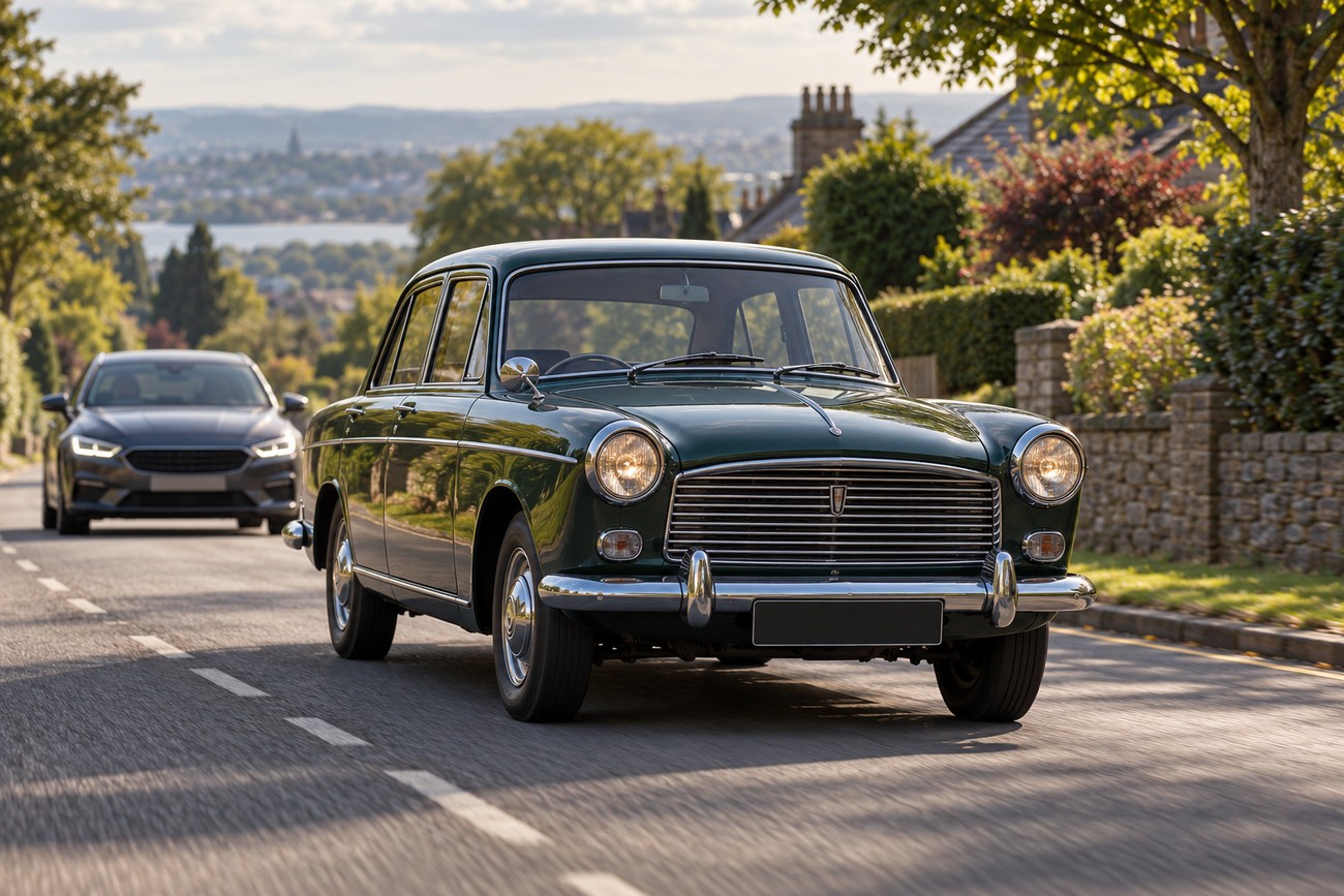 Classic dark green Austin Cambridge Farina-styled family car driving on a sunny suburban road with a modern car following behind