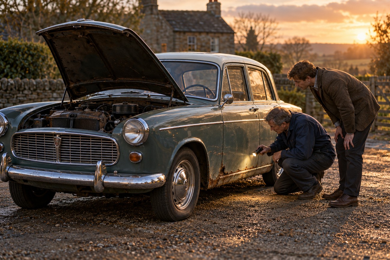 Two men inspecting the bodywork and open engine bay of a classic green Austin Cambridge Farina car at sunset