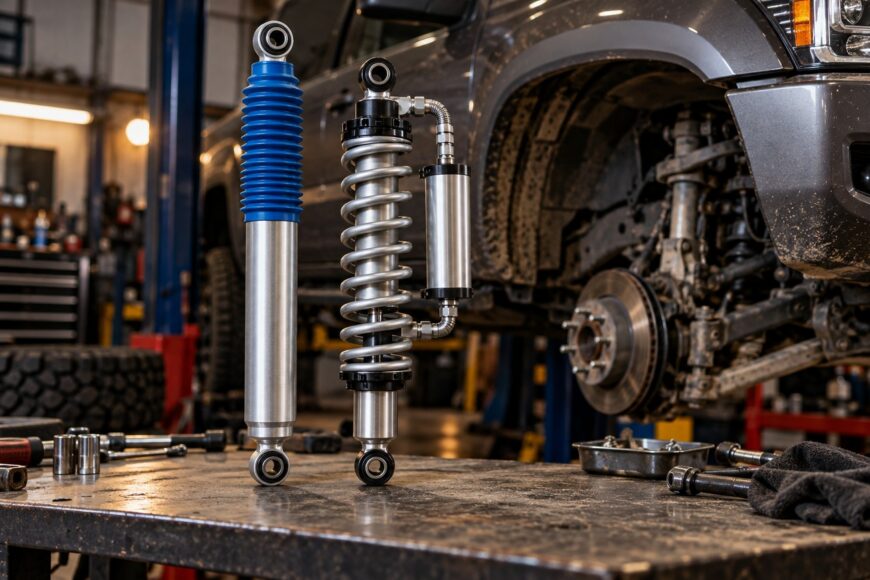 Two performance off-road shock absorbers standing on a metal workbench inside a garage with a truck in the background