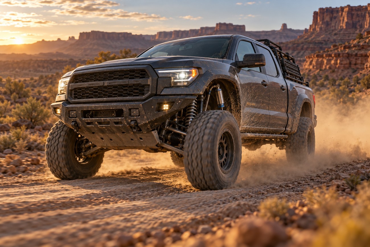 A dark off-road pickup truck kicking up dust while speeding along a rocky desert trail during sunset