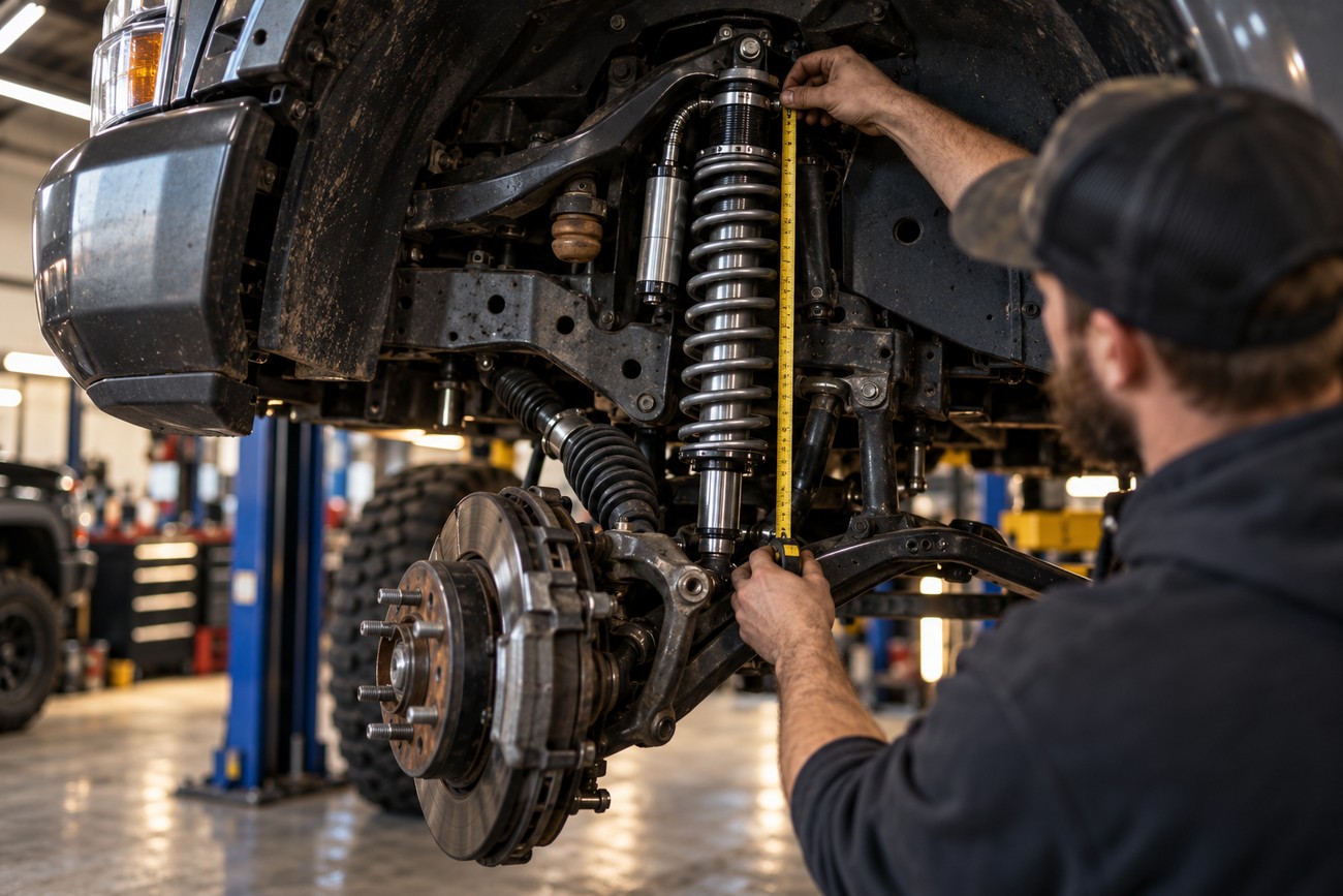 Mechanic measuring the height of a performance off-road truck suspension shock absorber with a tape measure