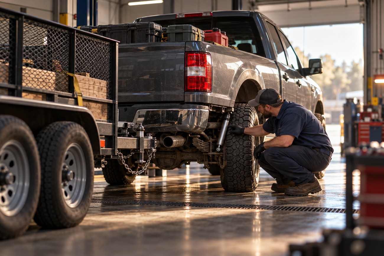 A mechanic inspecting the rear shock absorber of an off-road truck connected to a utility trailer in a repair shop