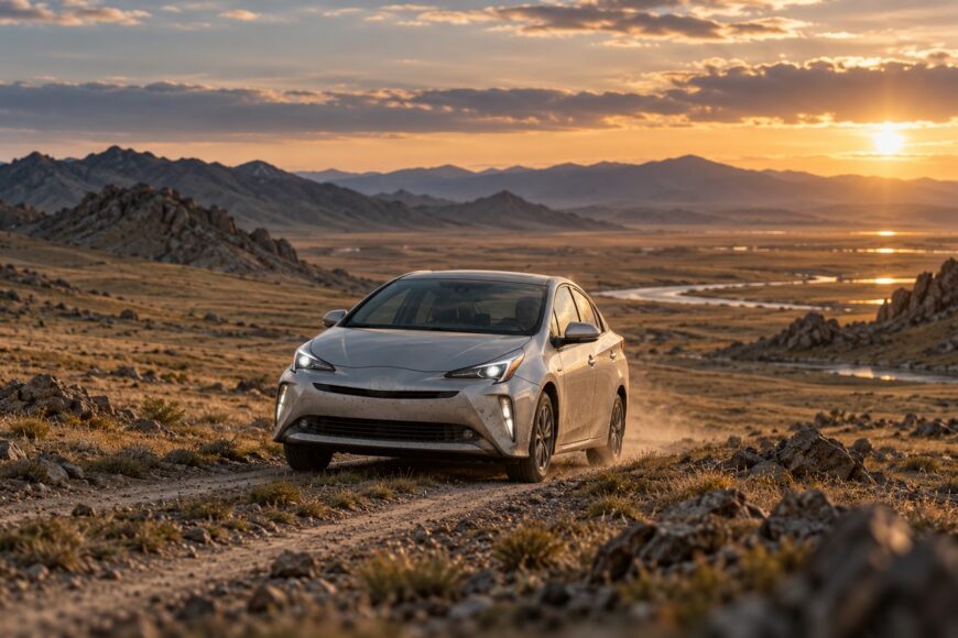A silver Toyota Prius driving on a dusty dirt road through the vast Mongolian landscape at sunset