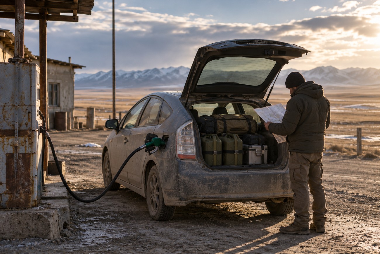 A traveler standing by the open trunk of a dusty Toyota Prius holding a map at a remote gas station in the Mongolian steppe