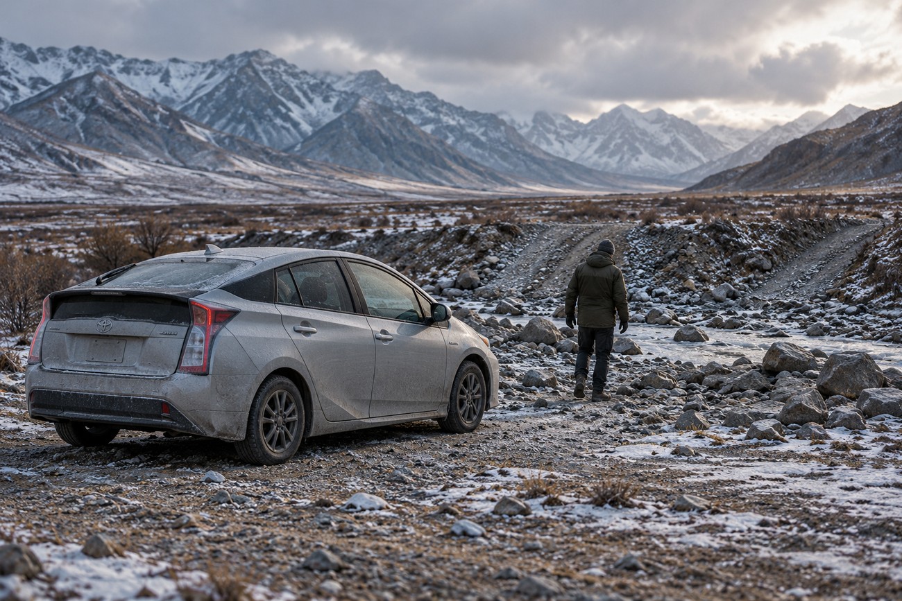 A silver Toyota Prius parked on a rocky path with a driver inspecting the rugged snowy mountain landscape in Mongolia