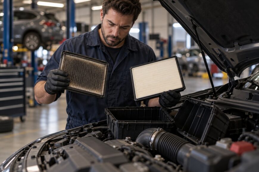 A mechanic wearing gloves in an auto repair shop compares a dirty old engine air filter to a clean new one above an open car hood