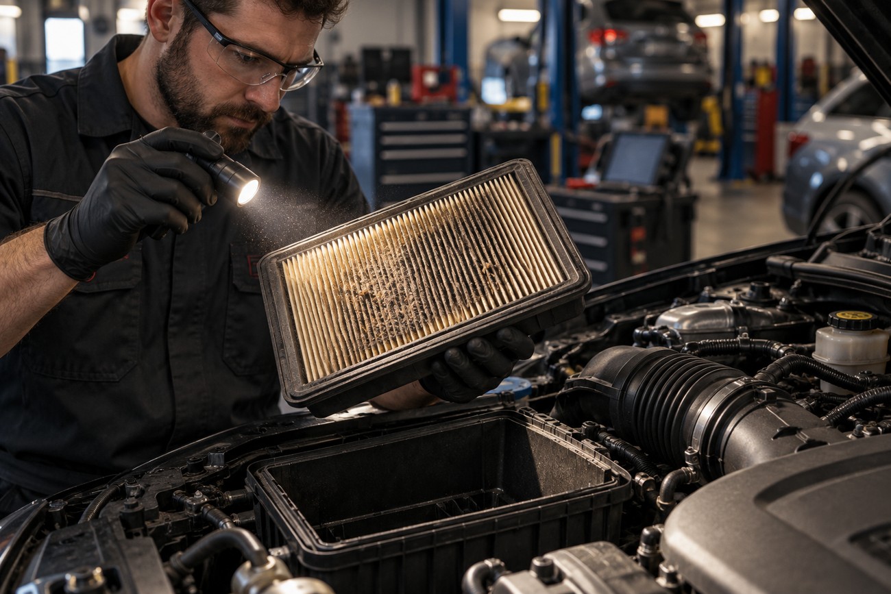 Mechanic wearing safety glasses and gloves inspecting a dirty engine air filter with a flashlight in a repair shop
