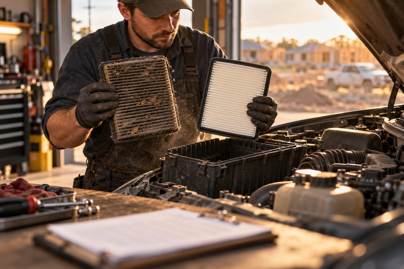 A mechanic in a garage compares a dirty engine air filter with a new clean one above an open car hood