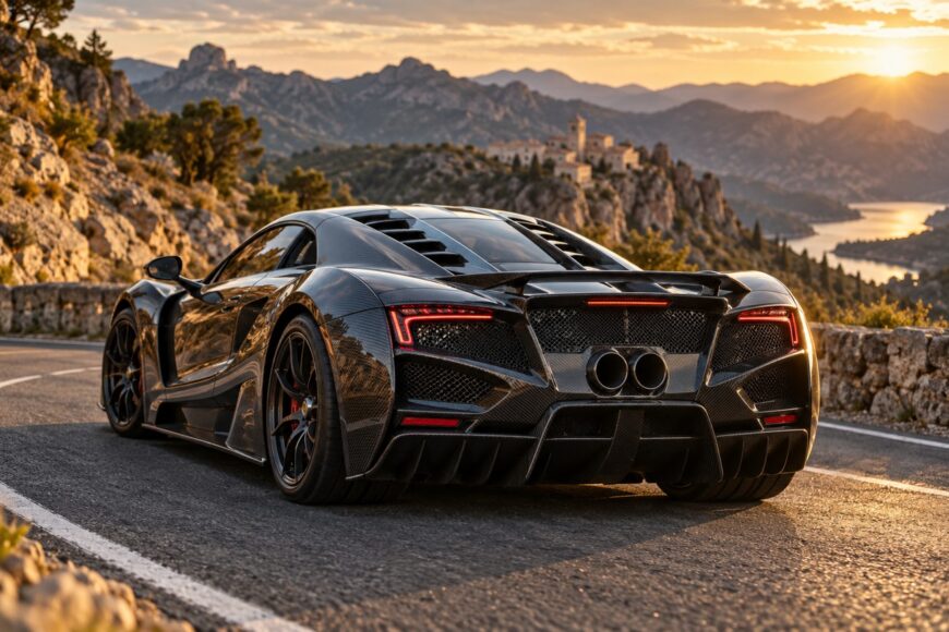 Rear view of a black carbon fiber GTA Spano supercar parked on a winding mountain road at sunset