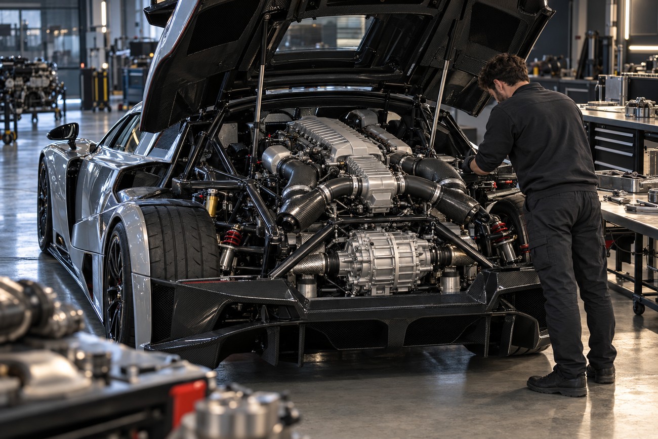 Mechanic in dark uniform inspecting the exposed V10 engine of a GTA Spano supercar inside a modern manufacturing plant