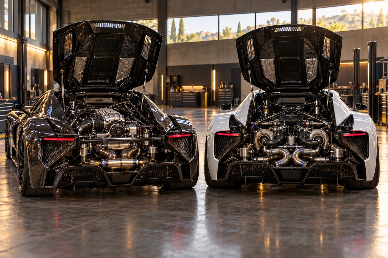 Two GTA Spano supercars parked in a workshop with their rear hoods open revealing complex V10 engines and exhaust systems