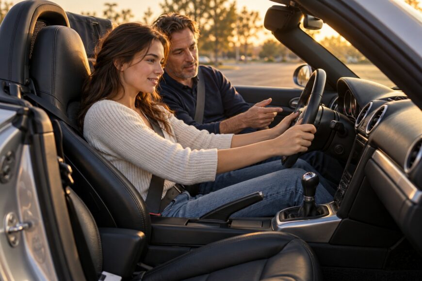 A smiling young woman holding the steering wheel of a Porsche Boxster while her father sits in the passenger seat giving instructions
