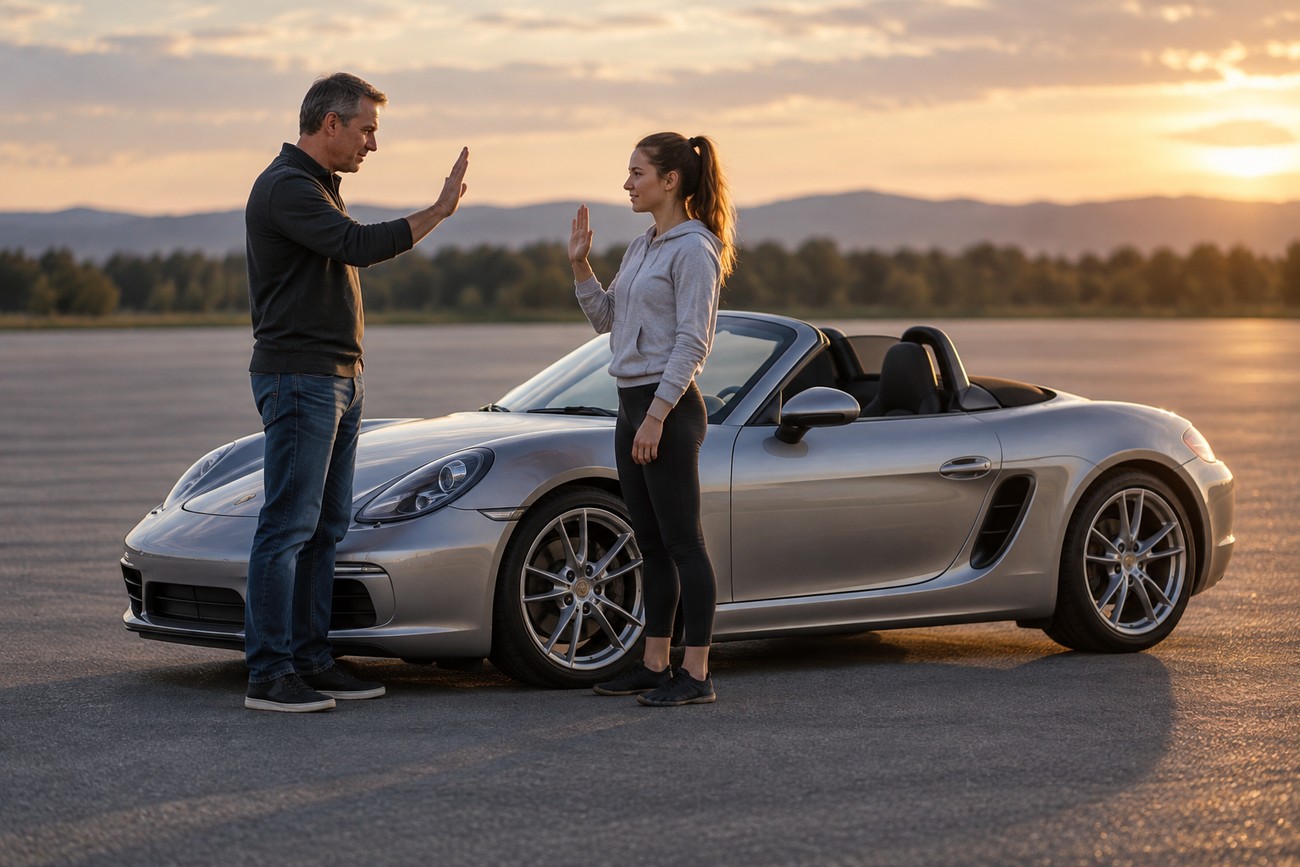 A father and daughter standing outdoors next to a silver Porsche Boxster sports car at sunset