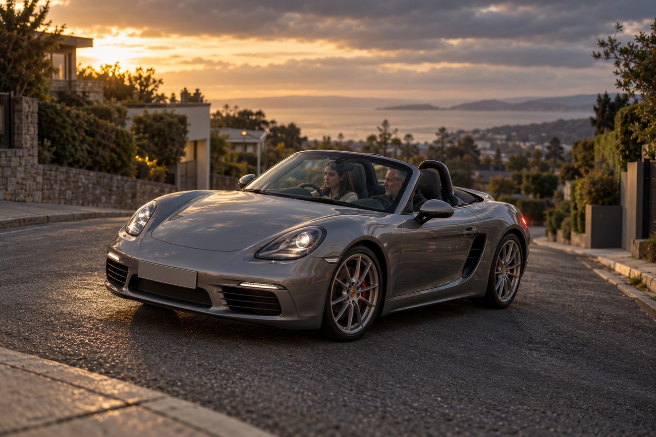 A young woman learning to drive a manual transmission car in a silver Porsche Boxster convertible with her dad beside her on a suburban street at sunset