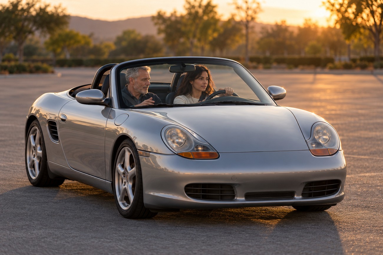 A father and daughter sitting in a silver Porsche Boxster convertible parked outdoors during sunset