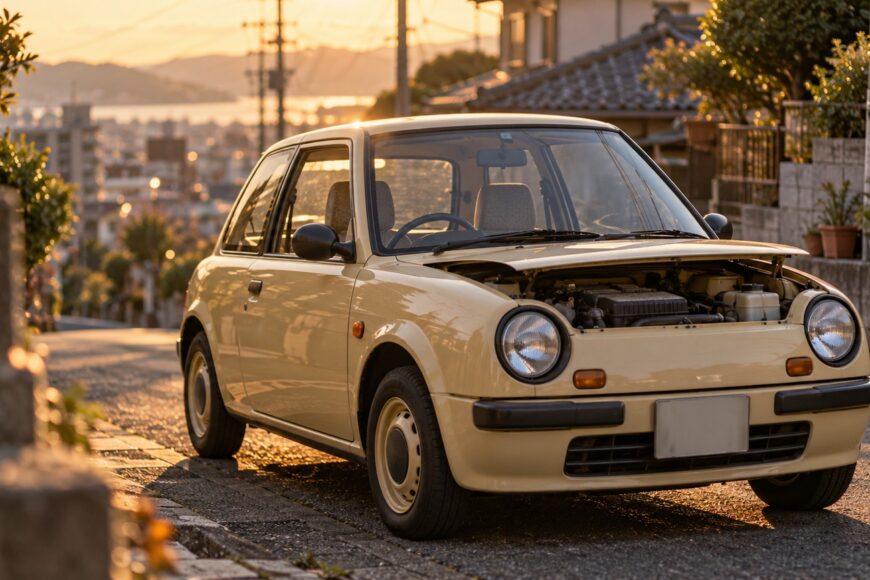 A vintage beige Nissan Be-1 parked on a sloping Japanese residential street during sunset