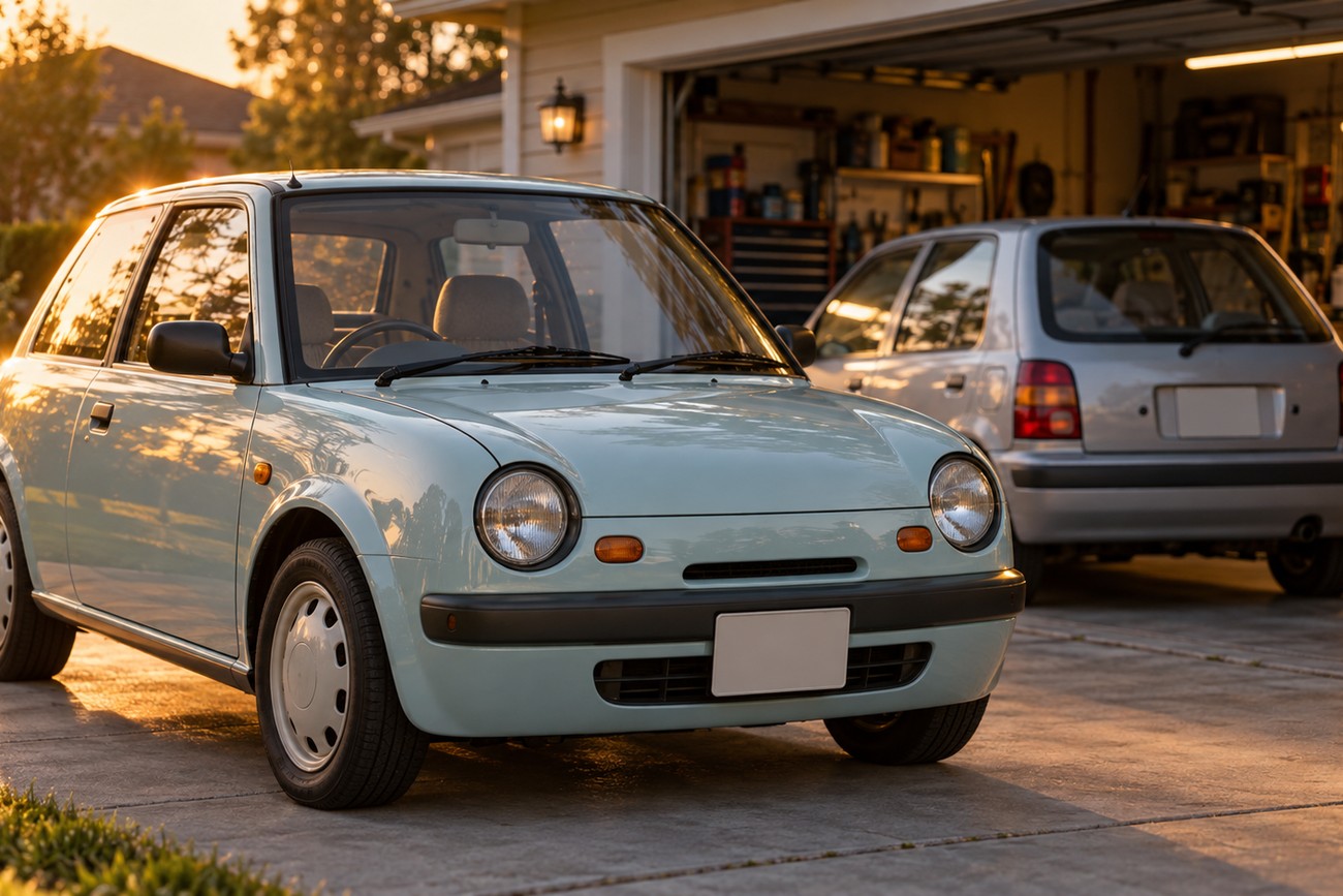 Light blue Nissan Be-1 retro car parked in a suburban driveway during a warm sunset