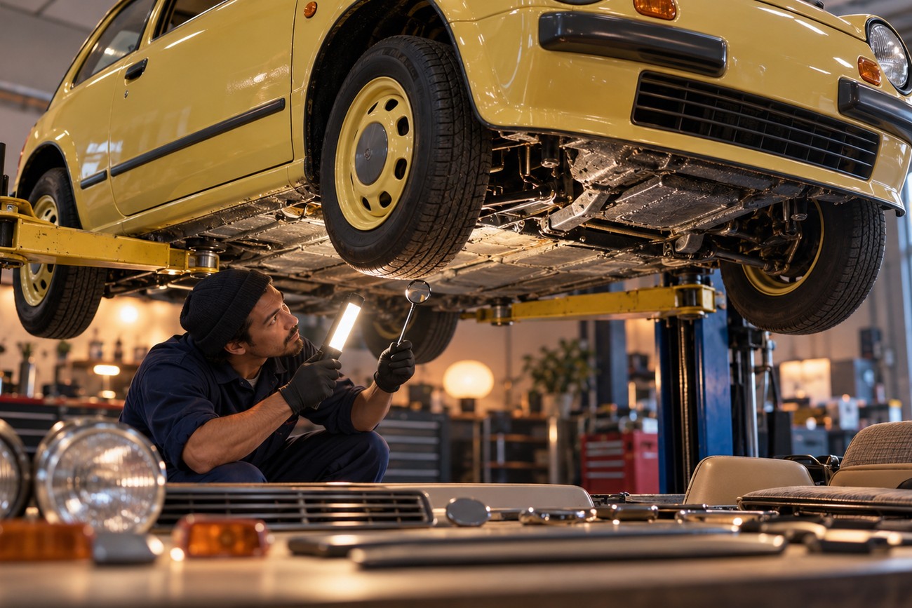 A mechanic in black gloves inspects the undercarriage of a yellow Nissan Be-1 lifted on a hydraulic hoist using a flashlight