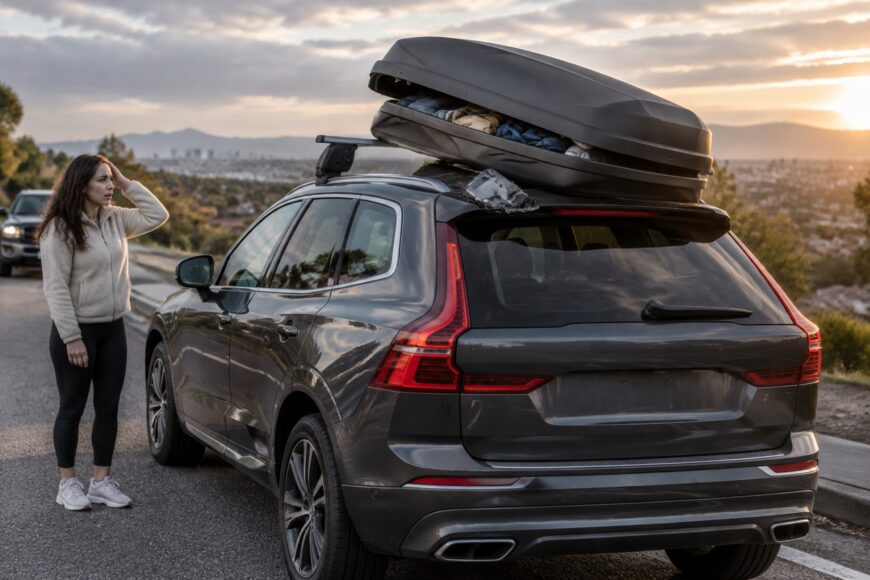 Frustrated woman standing on the roadside next to a gray Volvo XC60 with a detached roof cargo box