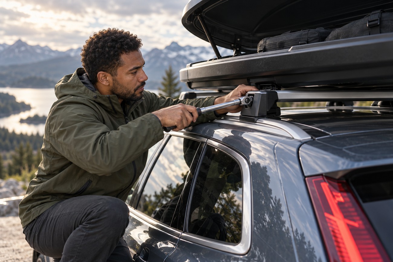 A man carefully tightening the mounting hardware of a roof cargo box on a gray Volvo XC60 parked near mountains