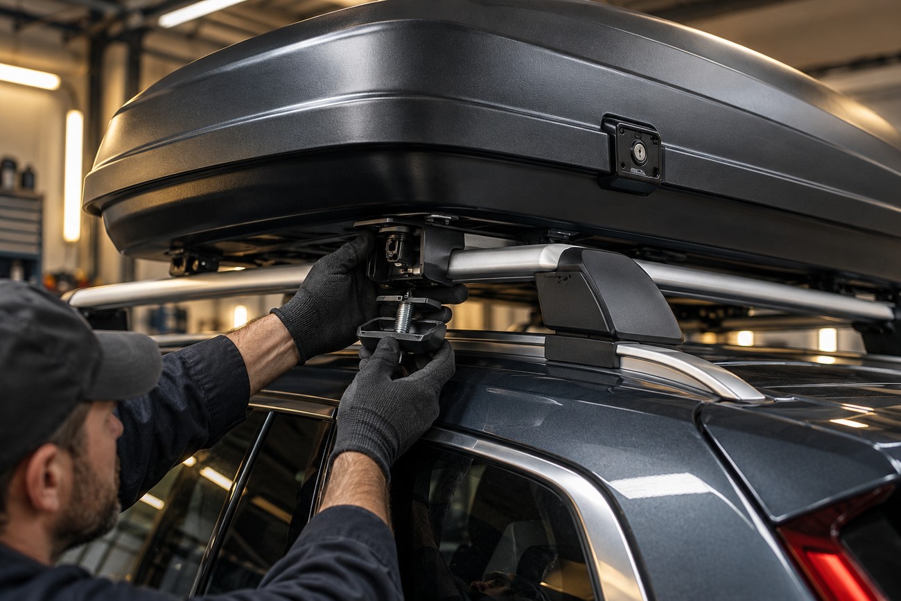 Mechanic wearing gloves adjusting the mounting hardware of a black roof cargo box on a Volvo XC60