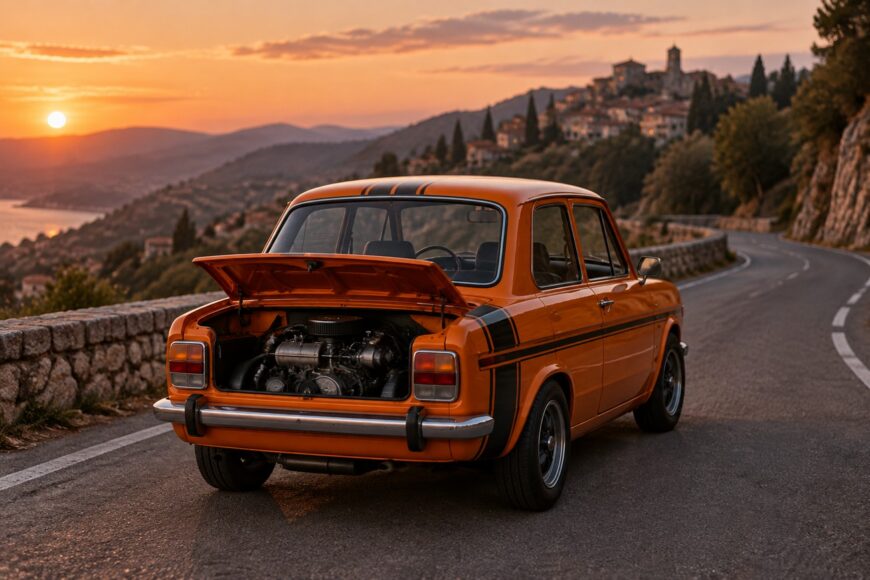 Rear view of an orange Simca 1000 Rallye with open engine bay parked on a coastal road at sunset