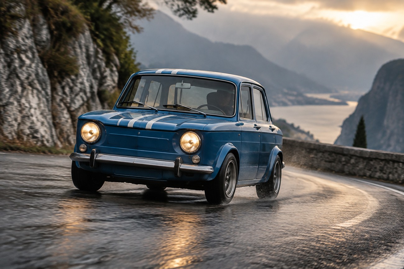 Vintage blue Simca 1000 Rallye driving on a wet winding mountain road at sunset