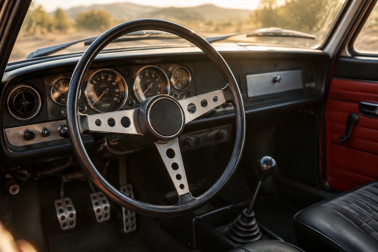 Interior view of a vintage Simca 1000 Rallye showcasing the classic sports steering wheel and dashboard gauges