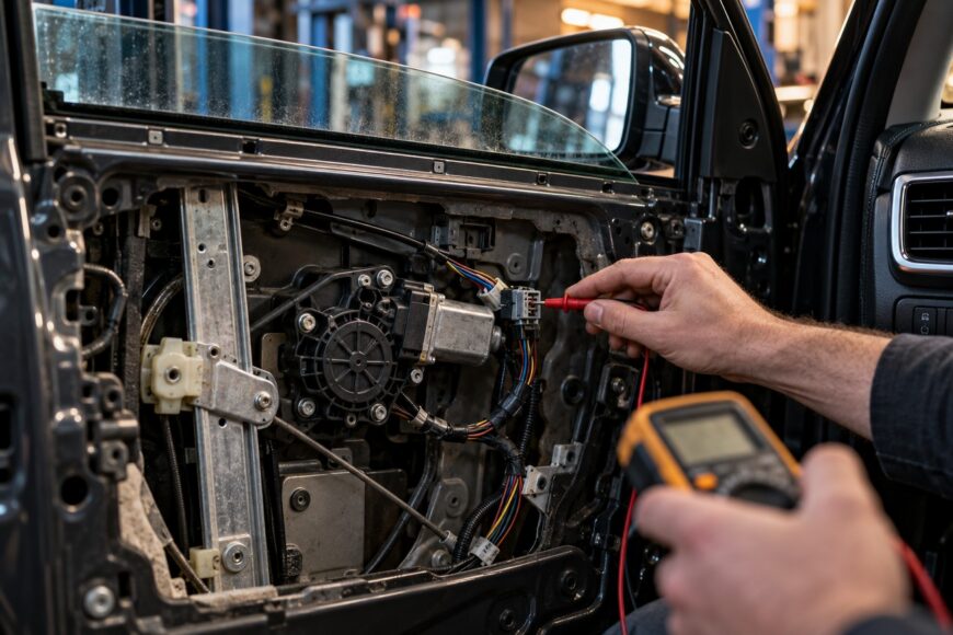 A mechanic testing the electrical connector of a car power window motor with a multimeter