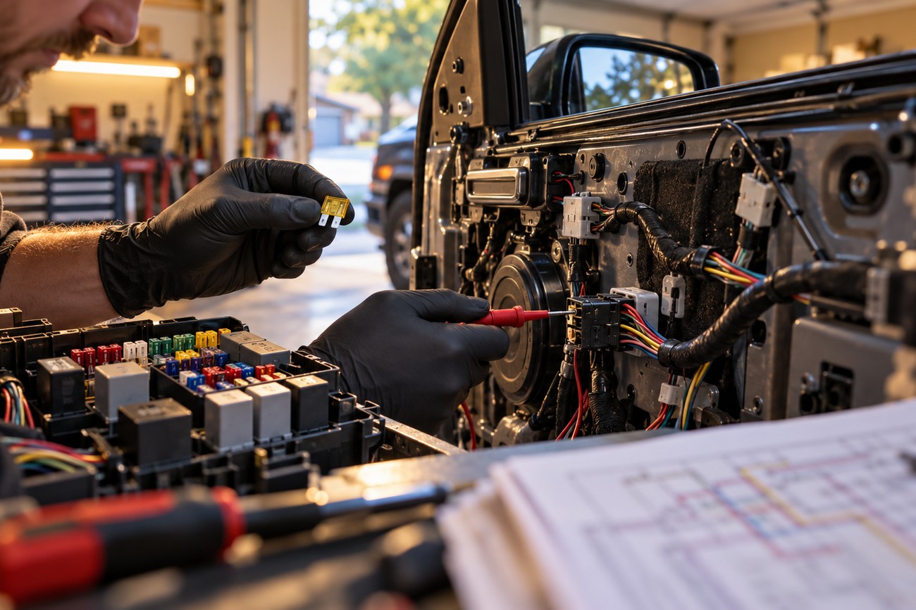 Mechanic wearing black gloves testing car door electrical wiring and fuse box using a multimeter