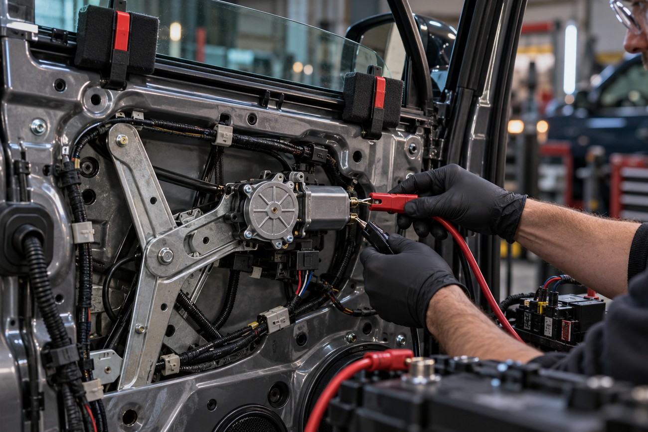 Mechanic wearing black gloves testing a car power window motor with jumper wires inside the door panel