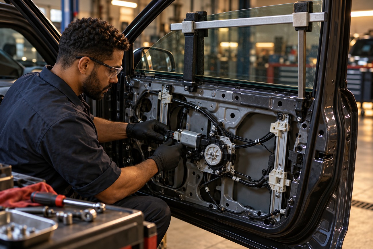 A mechanic wearing gloves and safety glasses inspects the power window motor inside an open car door in a workshop
