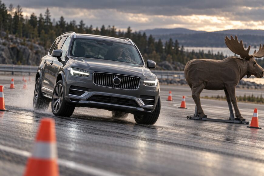 A grey Volvo XC90 SUV drives on a wet asphalt track performing an avoidance maneuver past a moose dummy and orange cones