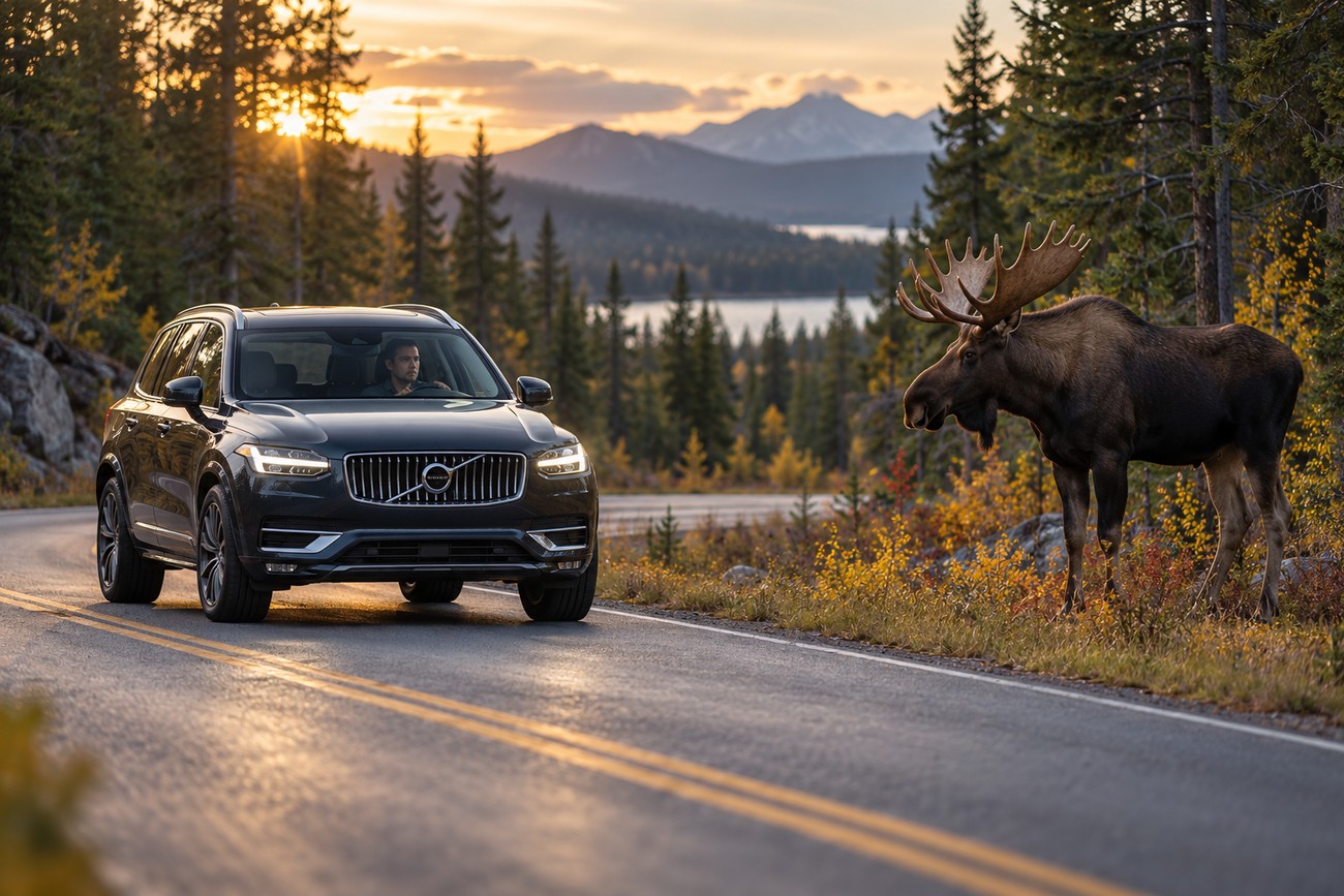 A dark Volvo XC90 SUV driving on a winding forest road while a large bull moose stands nearby on the roadside during sunset