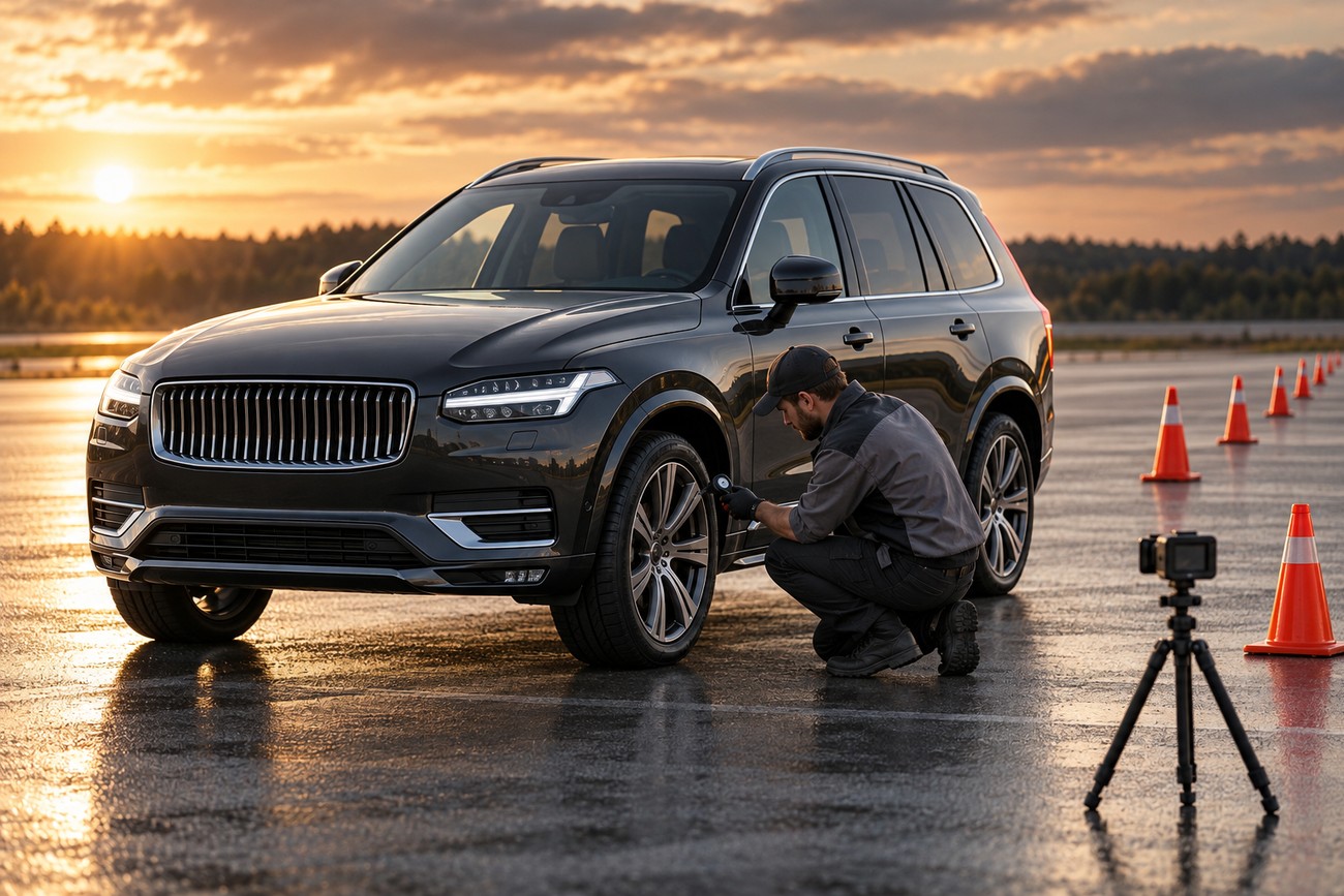 A technician kneeling next to a black Volvo XC90 on a wet test track to check tire pressure before a moose test