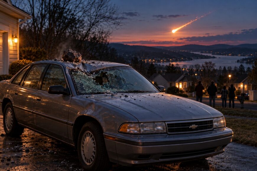 A damaged silver Chevy Malibu with a crushed roof and broken windshield parked in a suburban driveway under a sunset sky with a glowing meteorite streak