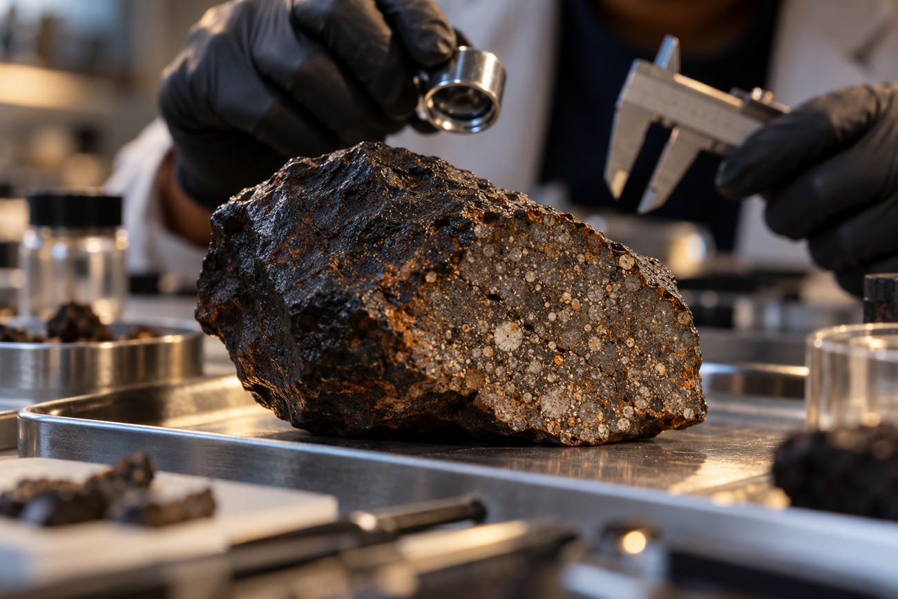 A scientist in black gloves uses a magnifying glass and calipers to examine a meteorite fragment on a metal tray in a laboratory