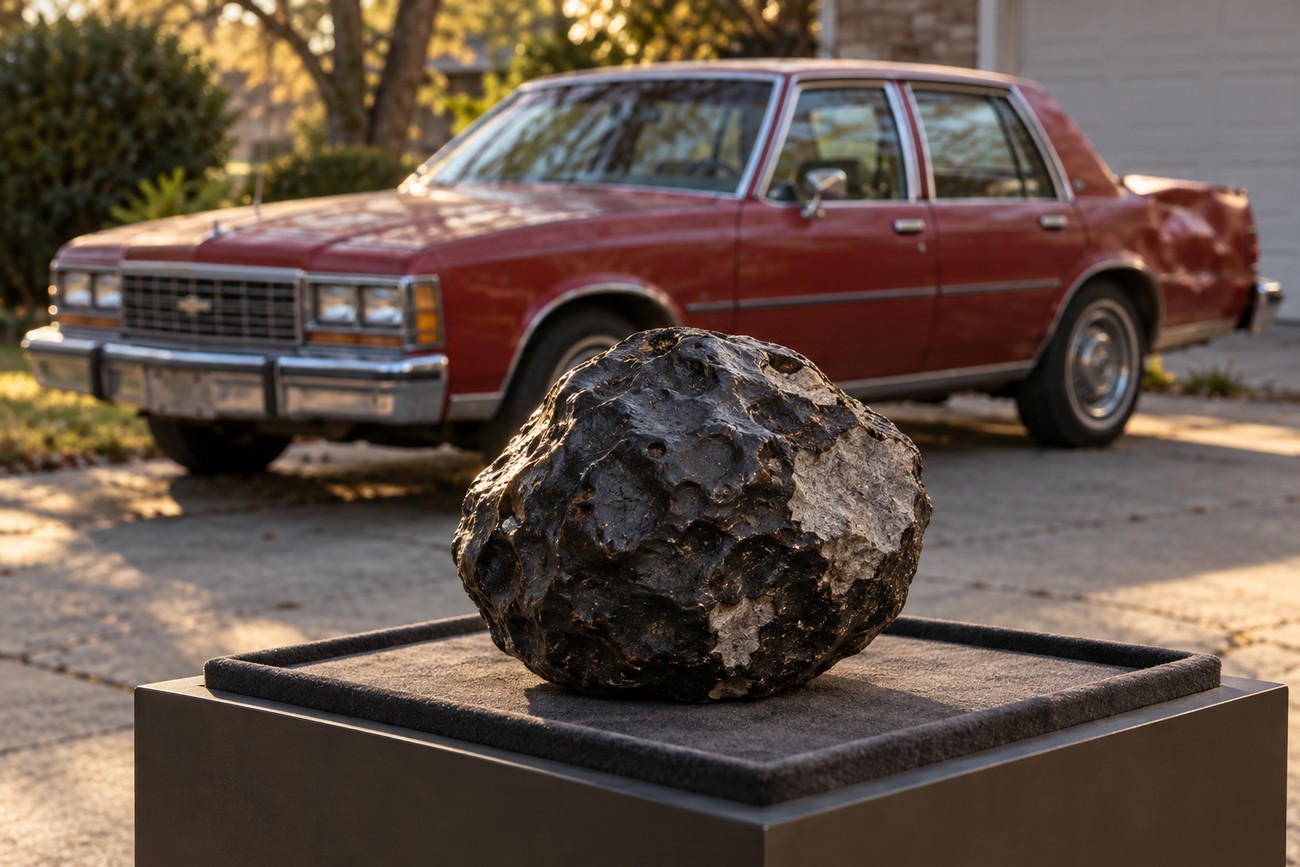 A dark pitted meteorite on a pedestal with a red Chevy Malibu parked outdoors