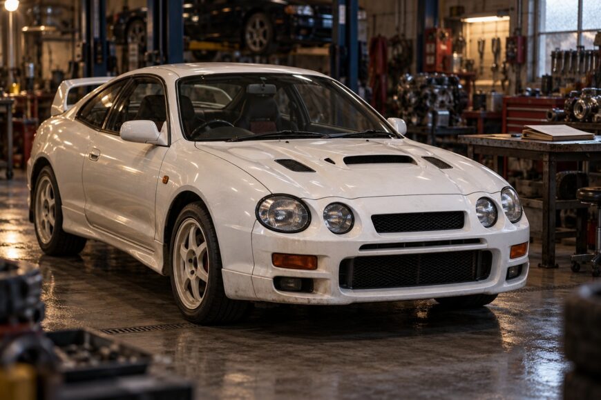 White Toyota Celica GT-Four ST205 rally homologation sports car parked inside a wet workshop garage