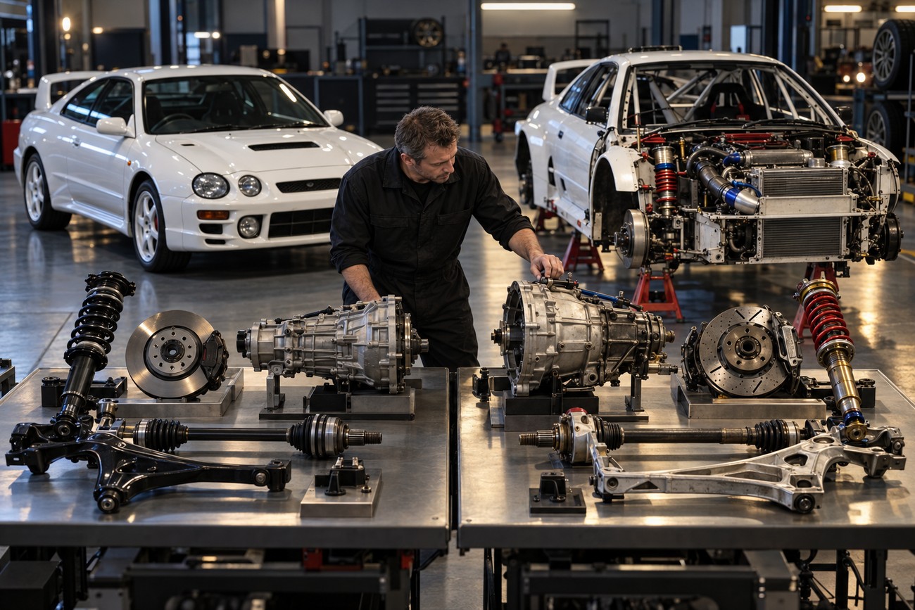 A mechanic works on rally car transmissions and suspension parts in a garage with Toyota Celica GT-Four ST205 cars in the background