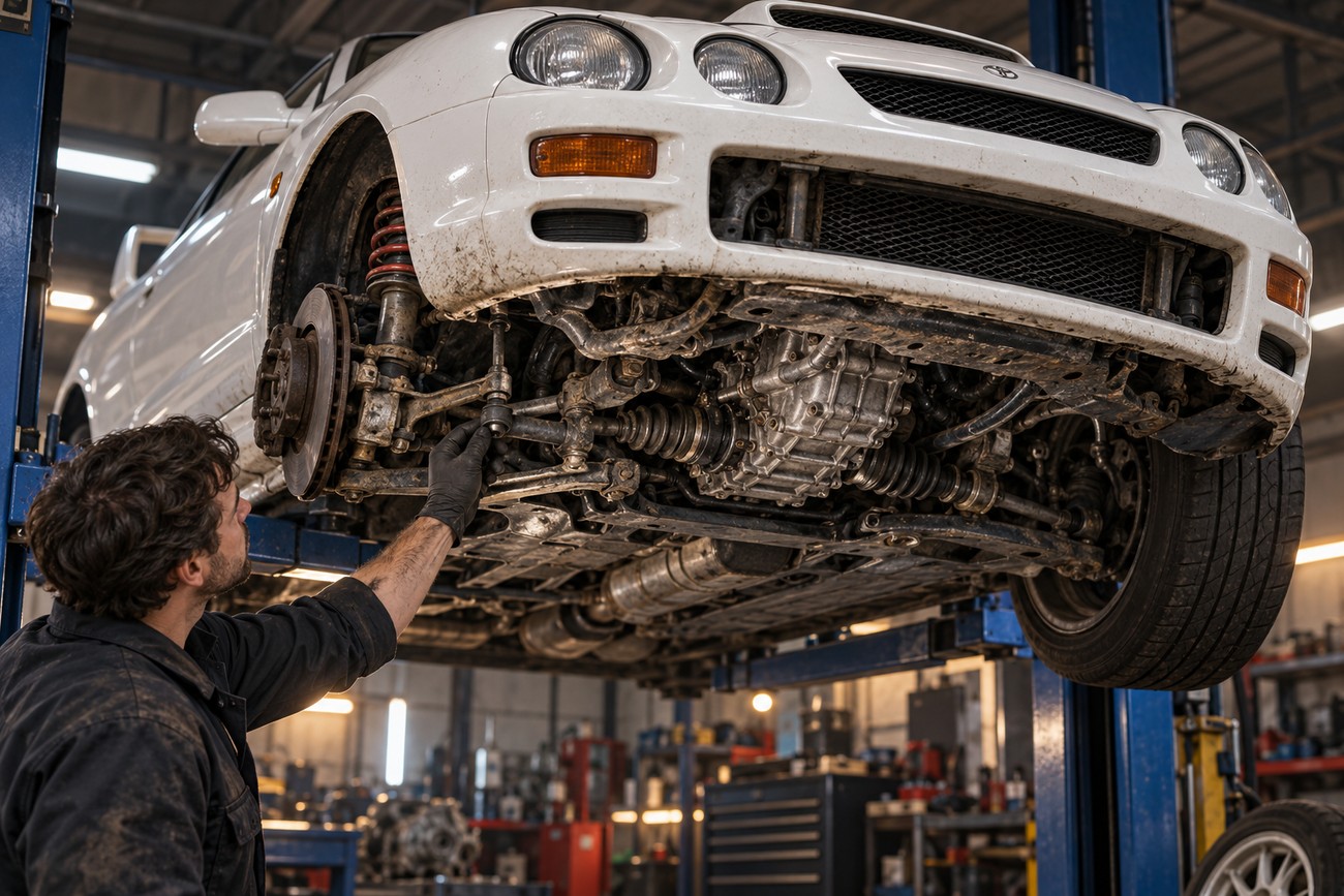 Mechanic in gloves inspecting the front suspension and undercarriage of a white Toyota Celica GT-Four ST205 lifted in a garage