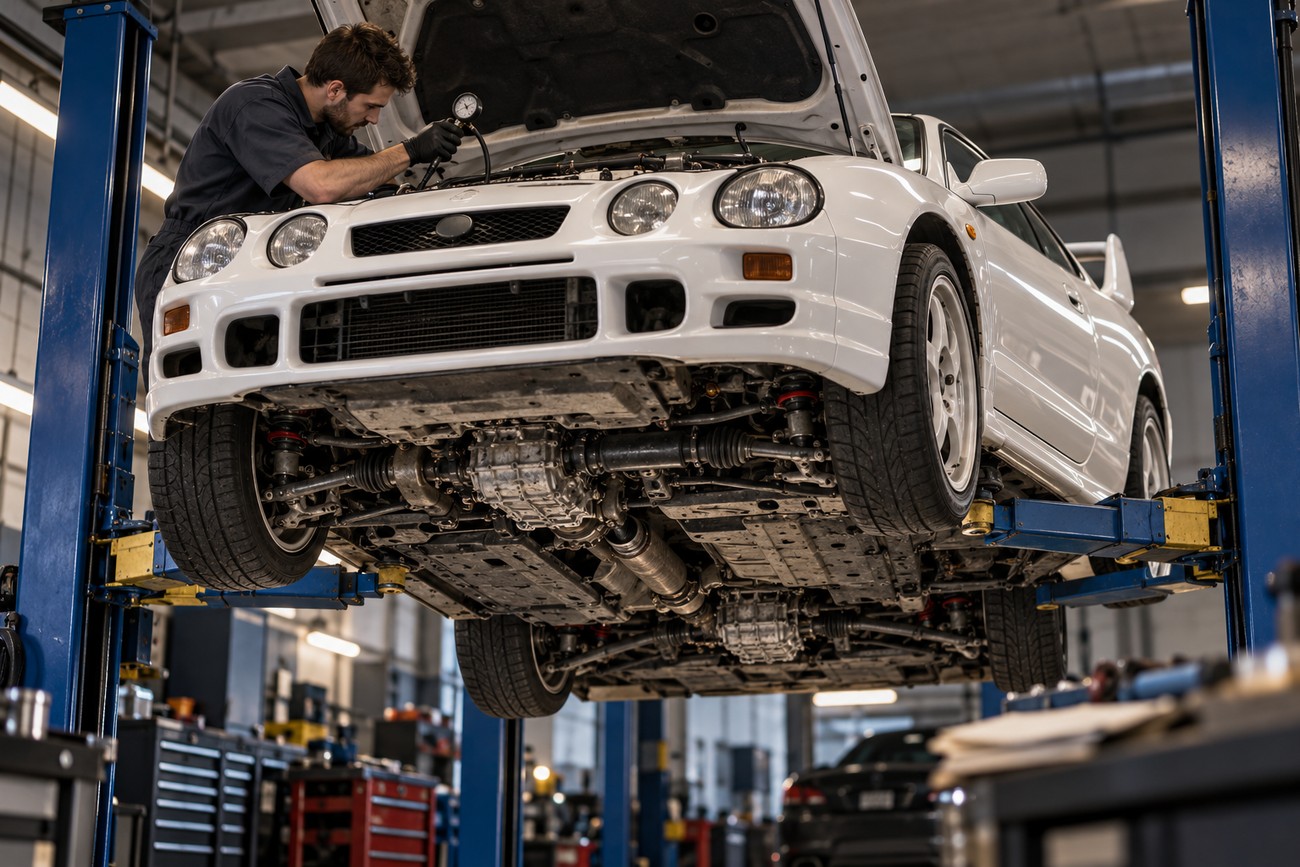 A mechanic inspecting the engine and undercarriage of a white Toyota Celica GT-Four ST205 raised on a hydraulic lift in a workshop