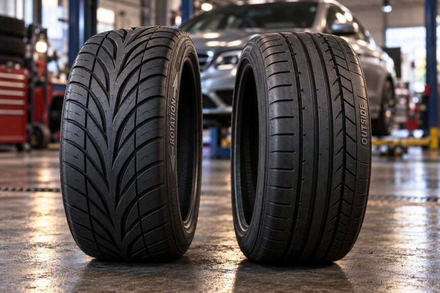 Two car tires standing side by side in a workshop showcasing directional and asymmetric tread designs