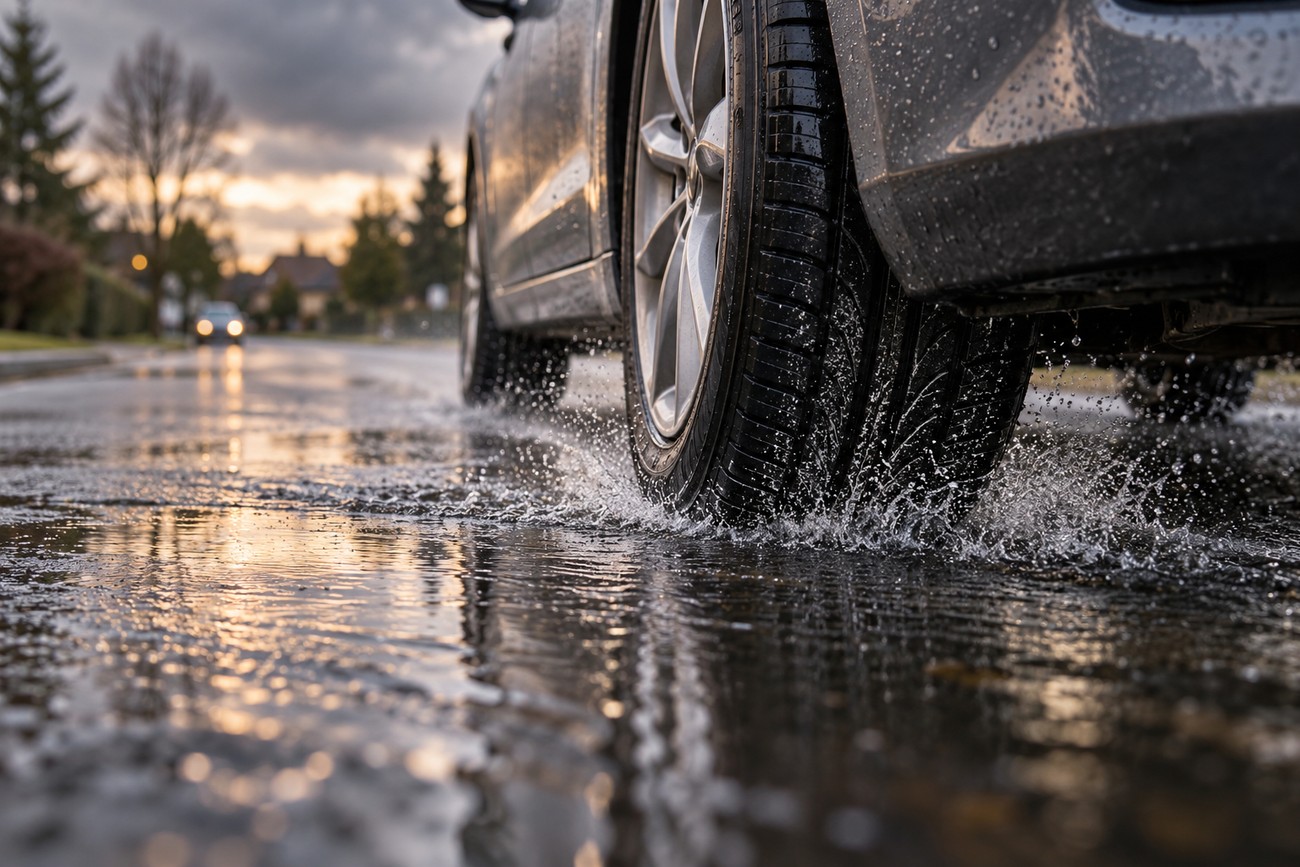 Close-up of a car tire driving through a water puddle on a wet road at sunset