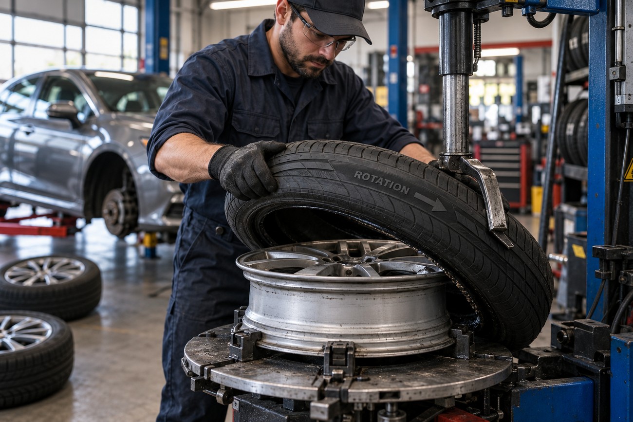 Mechanic in a workshop mounting a directional car tire with a rotation arrow onto a metal rim