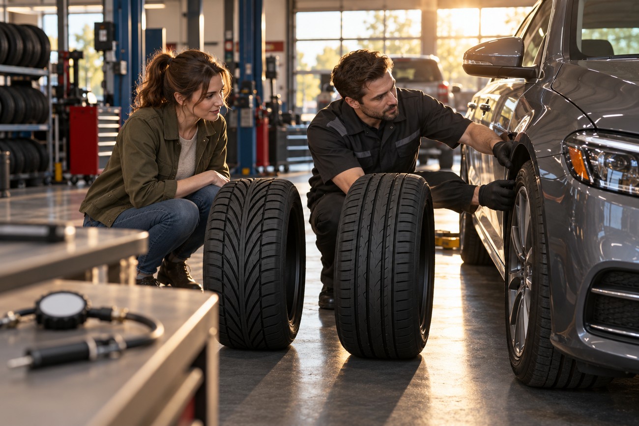 A female customer and a male mechanic examining car tires with different tread patterns in a service garage