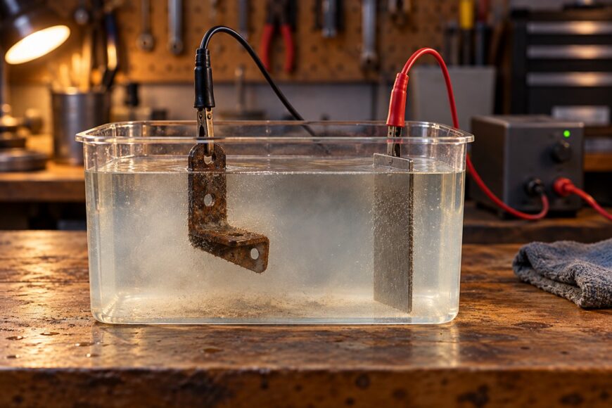 A rusty metal bracket submerged in a clear plastic container of water connected to a power supply during an electrolysis rust removal process