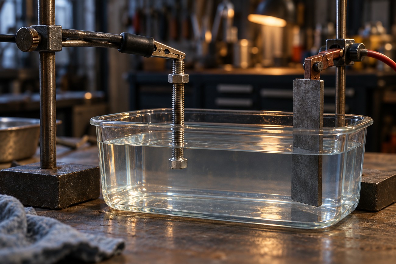A glass container with water and a rusty bolt suspended from an alligator clip next to a metal sacrificial plate in a workshop
