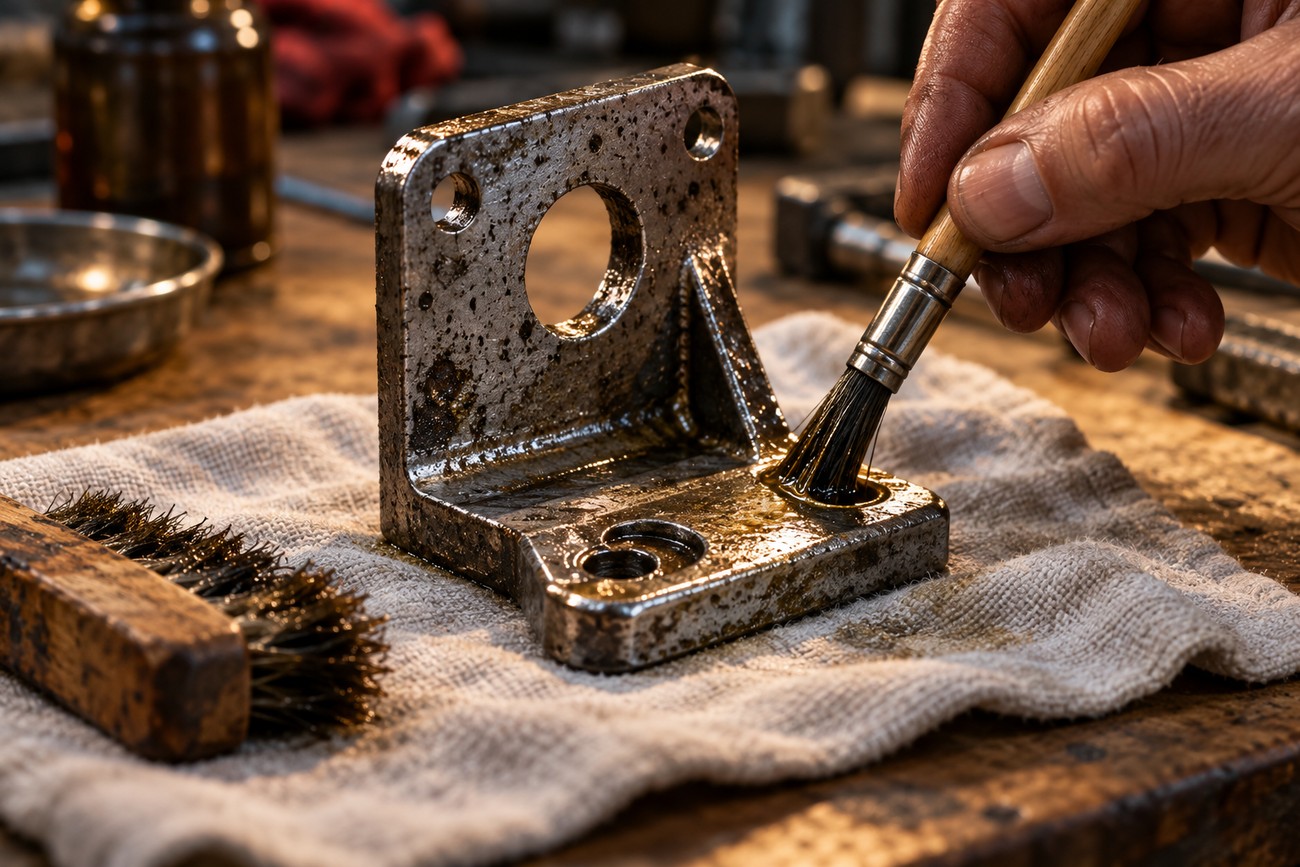 A person using a small brush to clean rust off a small metal bracket resting on a cloth in a workshop