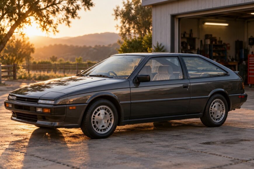 A classic dark grey Isuzu Piazza coupe parked on a concrete driveway near a garage during sunset